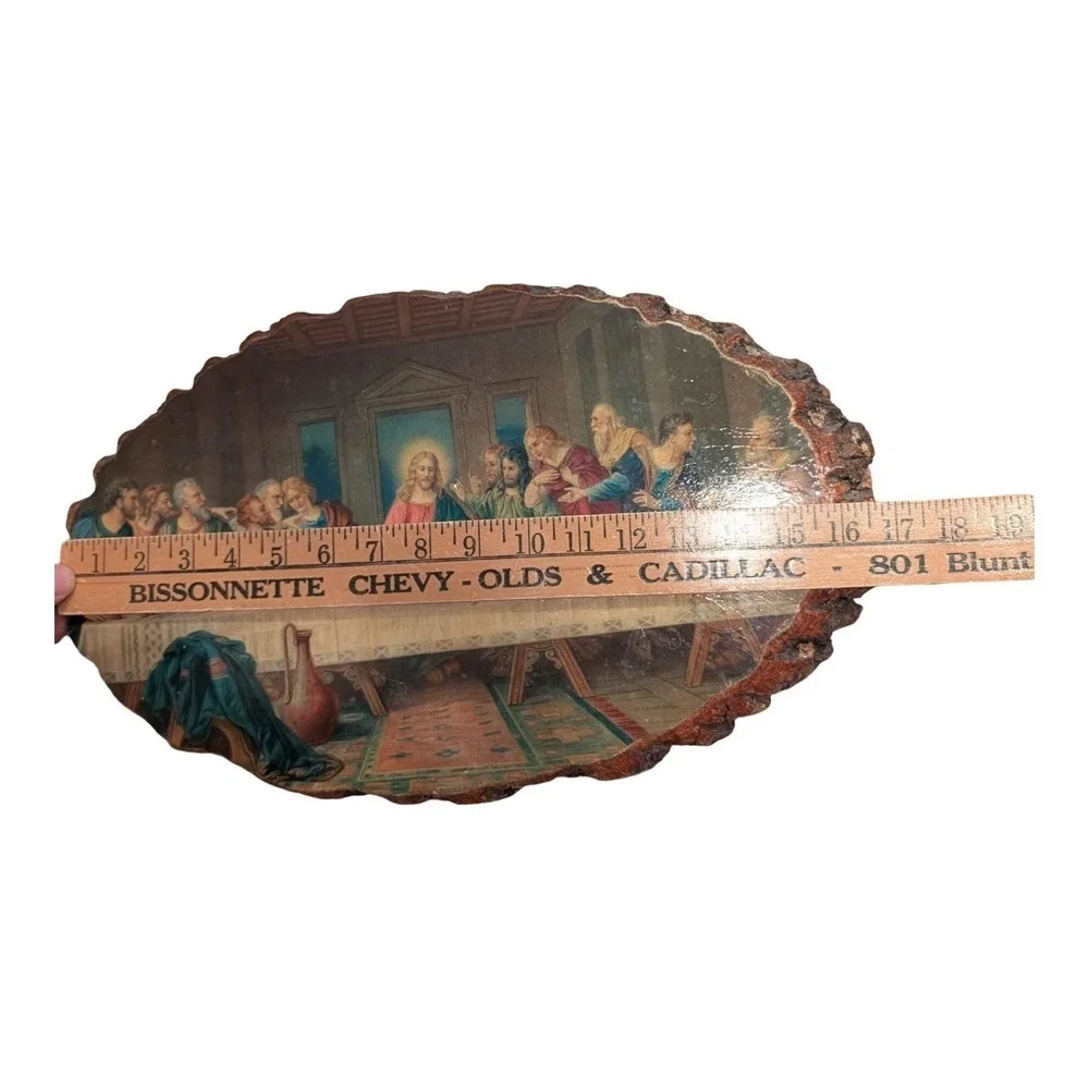 Vintage‎ Last Supper Wood Slice Decoupage Wall Plaque with Bark Edge
